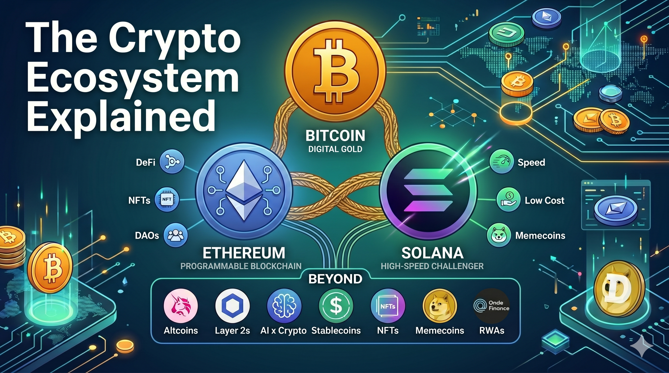 Visual map of the crypto ecosystem including Bitcoin, Ethereum, Solana, altcoins, stablecoins, NFTs, and DeFi