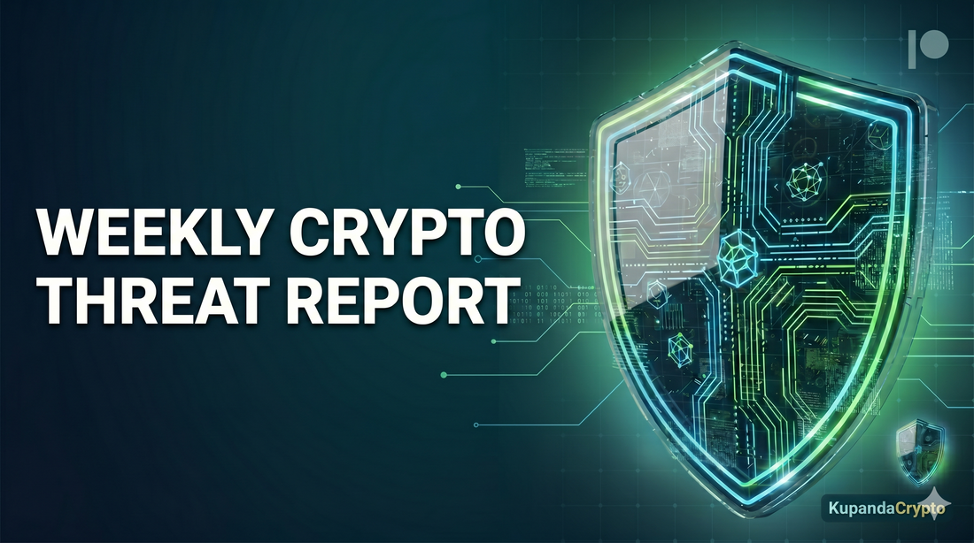 A header image titled "WEEKLY CRYPTO THREAT REPORT" against a dark green digital background, with a glowing circuit board shield and a KupandaCrypto logo.