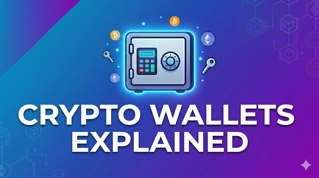 A digital safe glowing on a purple-to-blue gradient with Bitcoin and Ethereum icons, text reads "CRYPTO WALLETS EXPLAINED".