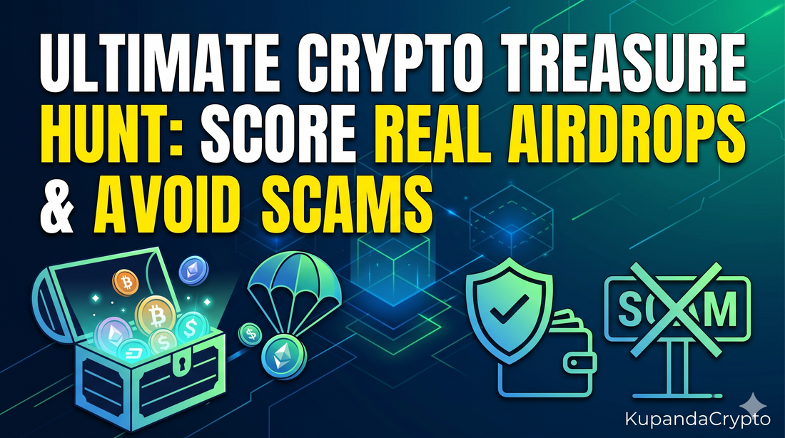 Thumbnail for "Ultimate Crypto Treasure Hunt: Score Real Airdrops & Avoid Scams" featuring a treasure chest of coins, a parachute, a shield, and a crossed-out scam sign.