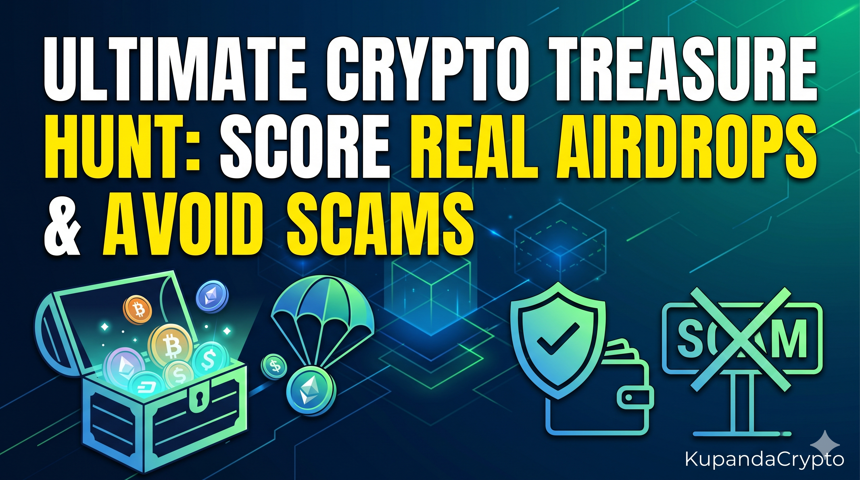 Thumbnail for "Ultimate Crypto Treasure Hunt: Score Real Airdrops & Avoid Scams" featuring a treasure chest of coins, a parachute, a shield, and a crossed-out scam sign.