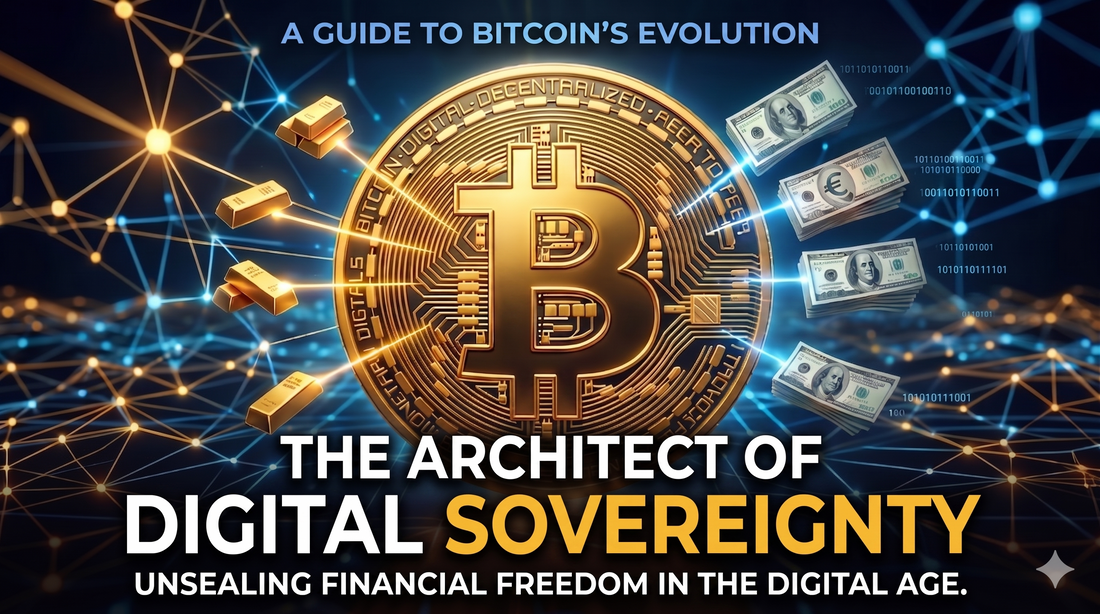 Golden Bitcoin thumbnail surrounded by gold bars and fiat currencies. Text reads The Architect of Digital Sovereignty, Unsealing Financial Freedom in the Digital Age, A Guide to Bitcoin's Evolution.