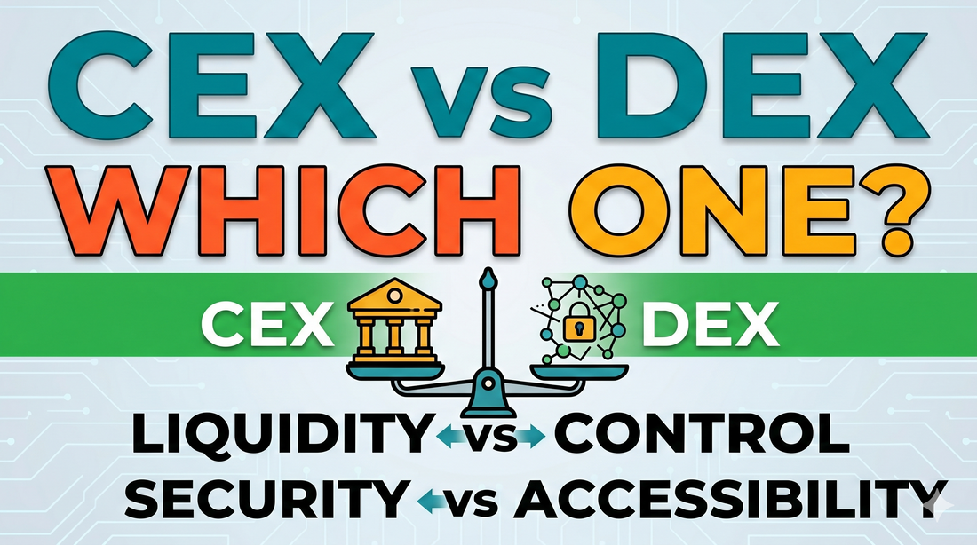 Thumbnail: CEX vs DEX comparison. A scale balances CEX (bank icon) and DEX (network icon), highlighting trade-offs: Liquidity vs Control and Security vs Accessibility.