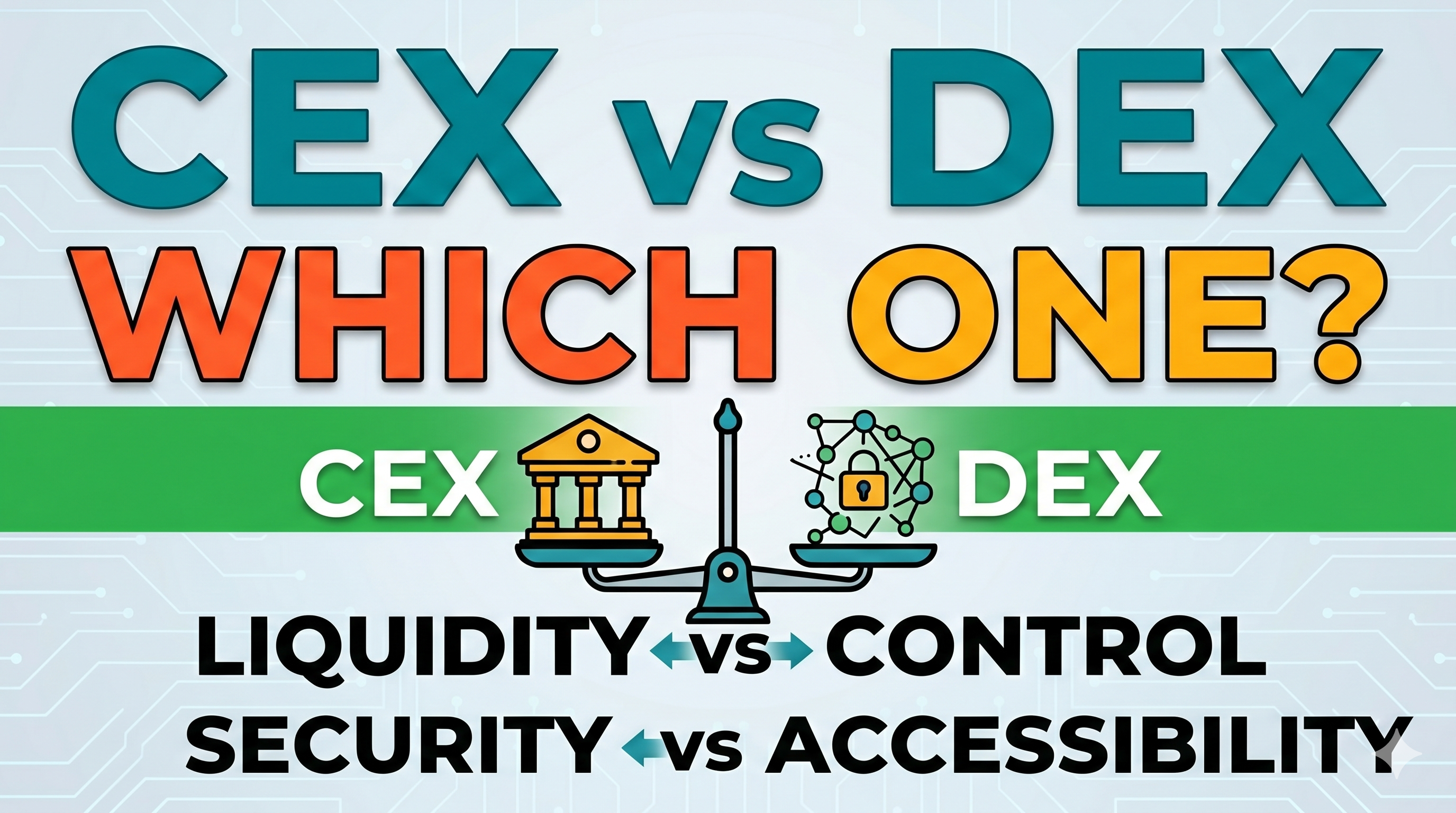 Thumbnail: CEX vs DEX comparison. A scale balances CEX (bank icon) and DEX (network icon), highlighting trade-offs: Liquidity vs Control and Security vs Accessibility.