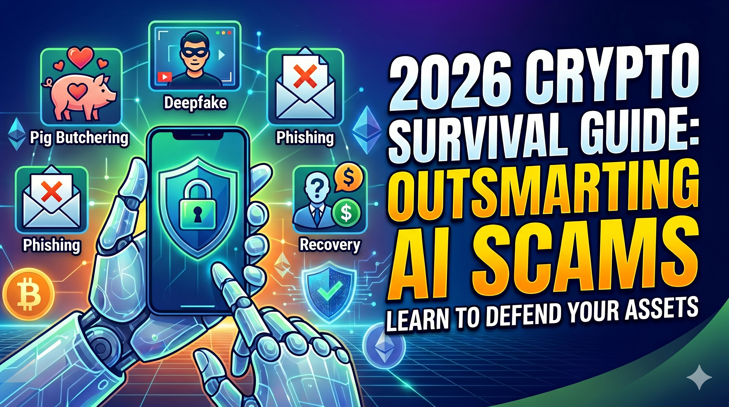 A cyborg arm holds a smartphone with a security shield. Surrounding icons show AI scam types: "Pig Butchering," "Deepfake," and "Phishing". Headline: "2026 CRYPTO SURVIVAL GUIDE: OUTSMARTING AI SCAMS".