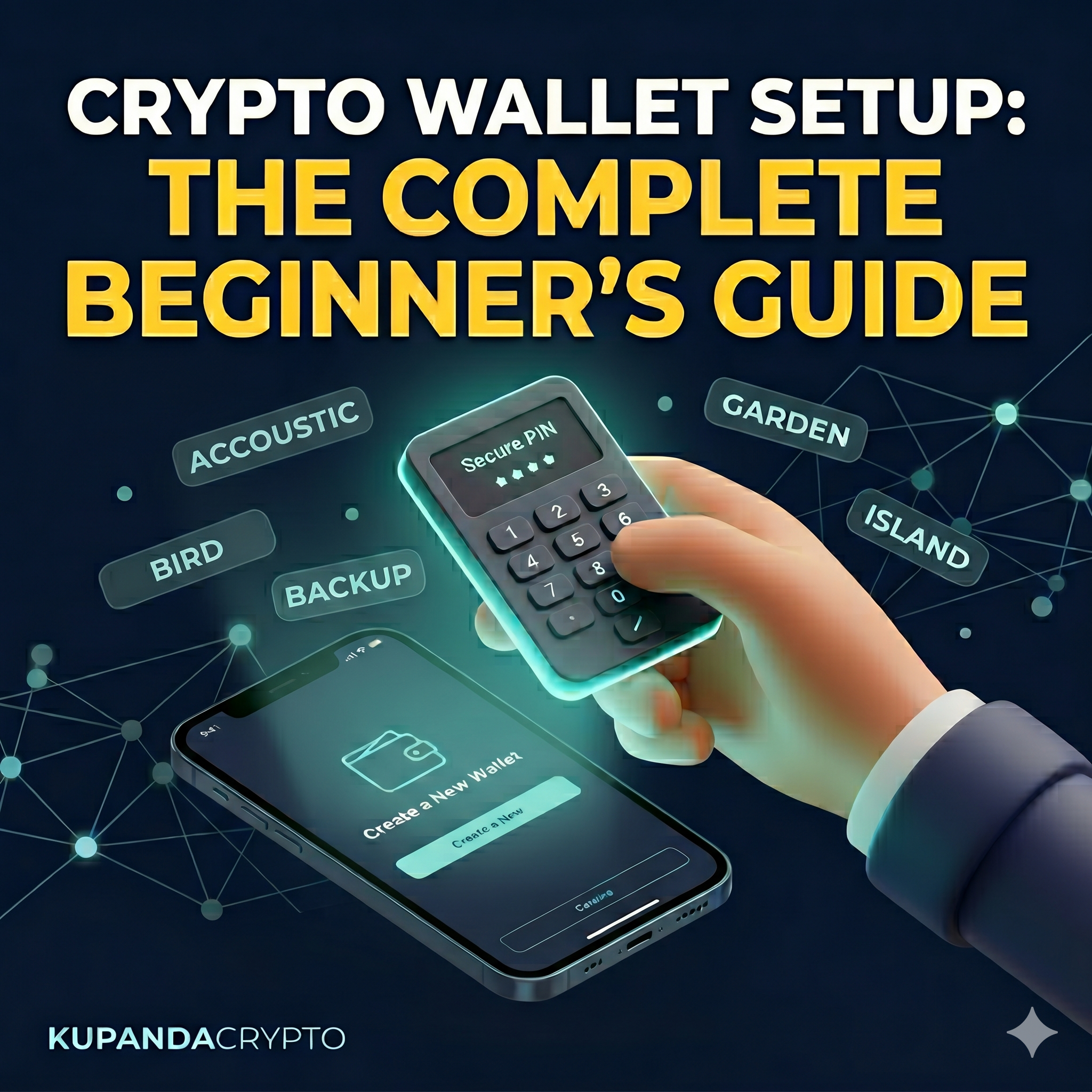 An infographic about crypto wallet setup shows a 3D hand holding a PIN pad over a smartphone, featuring key terms like "Accoustic", "Bird" etc.
