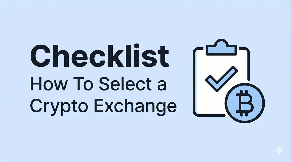 Minimalist thumbnail with "Checklist" in large font and "How To Select a Crypto Exchange." Includes a simple clipboard and Bitcoin icon.