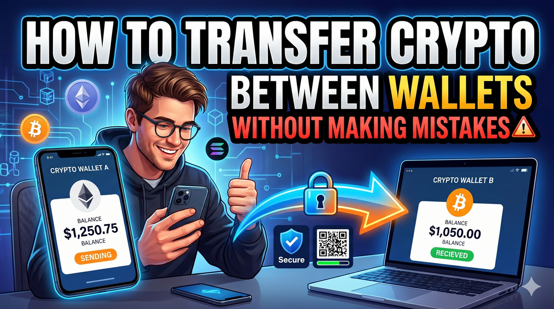 Illustration of a man transferring $1,250.75 from an Ethereum phone wallet to a Bitcoin laptop wallet; text reads "HOW TO TRANSFER CRYPTO BETWEEN WALLETS WITHOUT MAKING MISTAKES".