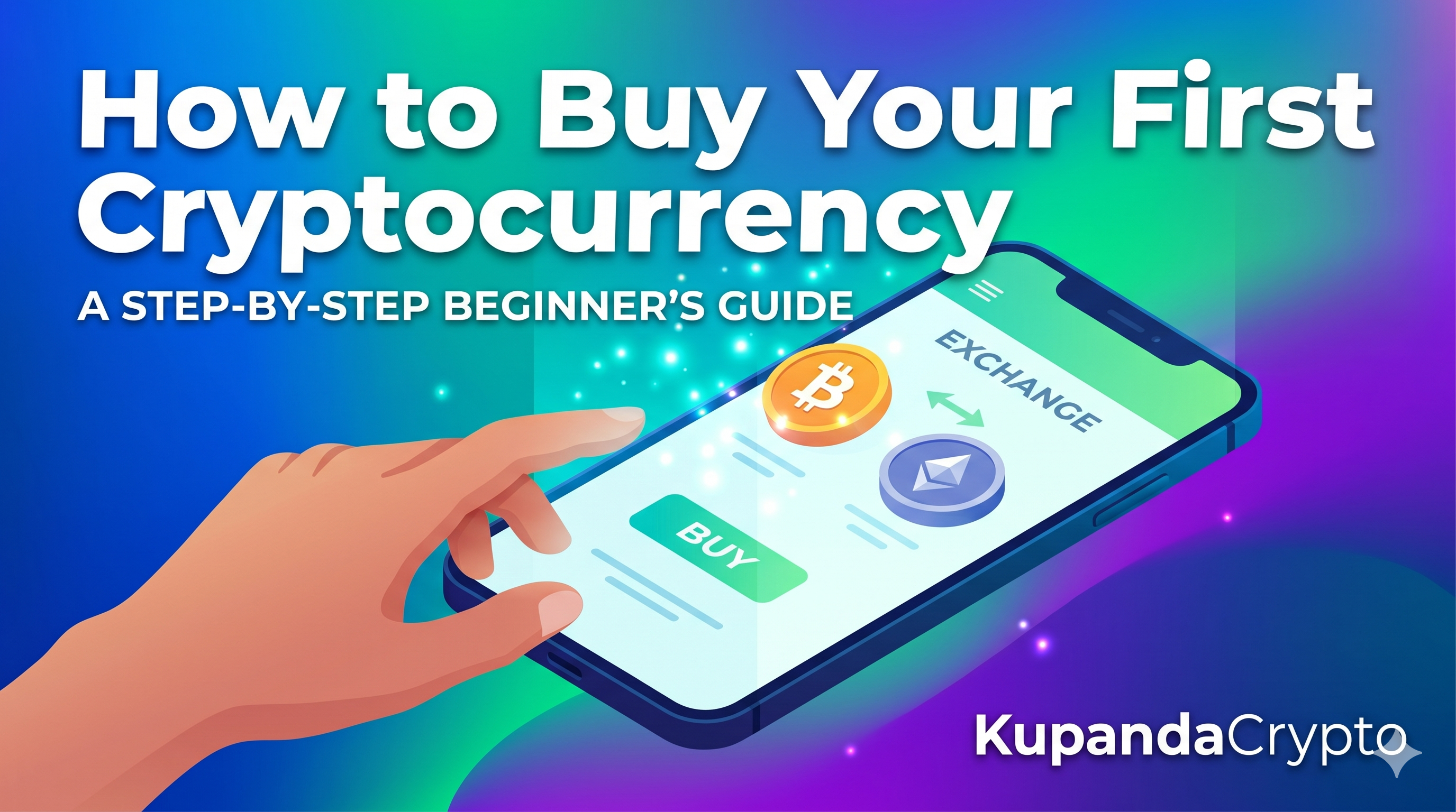 How to Buy Your First Cryptocurrency step-by-step guide thumbnail, showing a hand using a phone to buy Bitcoin and Ethereum, with KupandaCrypto logo.