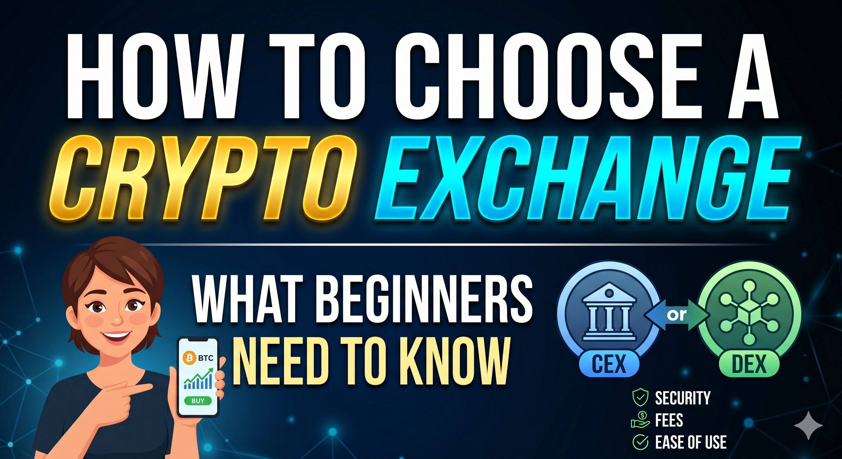 A guide on how to choose a crypto exchange for beginners, featuring mobile trading and CEX vs DEX comparisons.