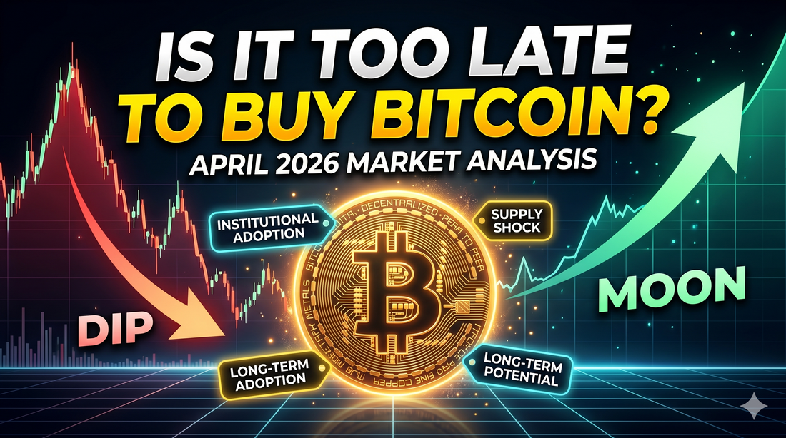 A Bitcoin market analysis thumbnail asking 'Is It Too Late to Buy Bitcoin?' with 'DIP' and 'MOON' arrows.