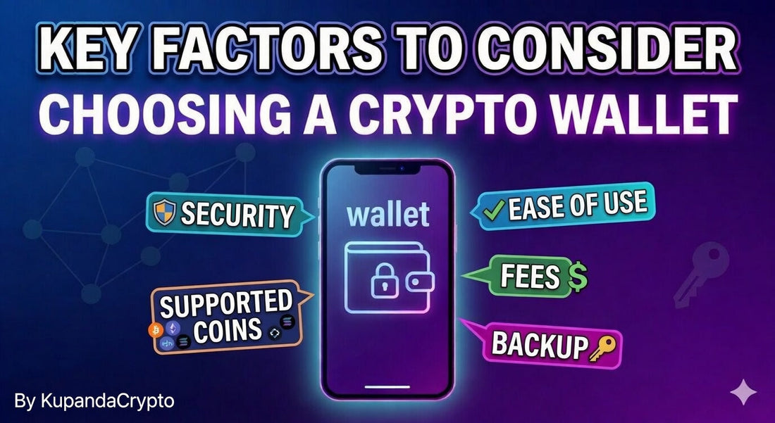 Infographic: "Key Factors to Consider When Choosing a Crypto Wallet" featuring Security, Supported Coins, Ease of Use, Fees, and Backup. By KupandaCrypto.