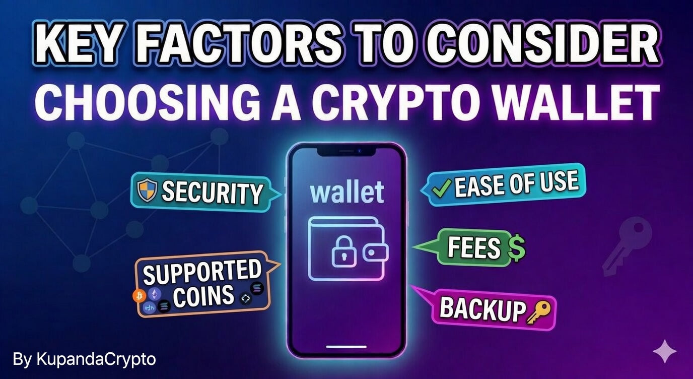 Infographic: "Key Factors to Consider When Choosing a Crypto Wallet" featuring Security, Supported Coins, Ease of Use, Fees, and Backup. By KupandaCrypto.