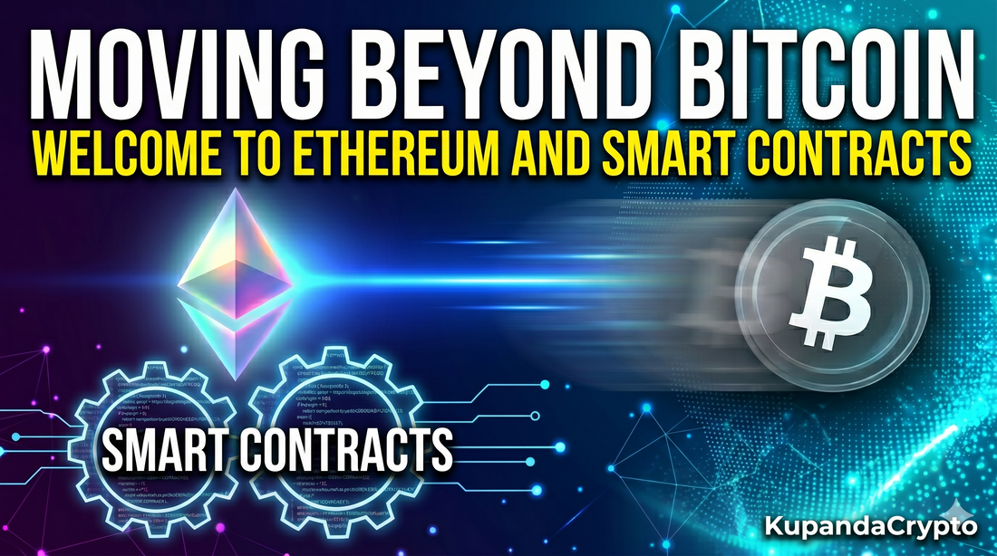 Moving Beyond Bitcoin thumbnail. Title text above glowing Ethereum symbol and Smart Contracts gears. A Bitcoin coin has motion blur to the right.