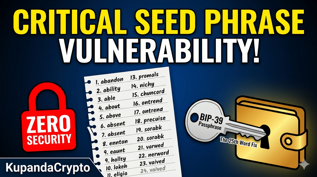 "CRITICAL SEED PHRASE VULNERABILITY!". Padlock, 24-word list. BIP-39 Passphrase key "The 25th Word Fix" unlocks wallet. KupandaCrypto