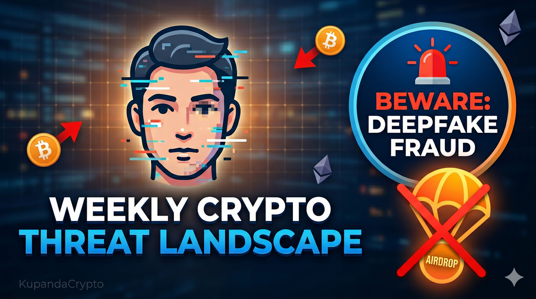 Thumbnail for a report titled "WEEKLY CRYPTO THREAT LANDSCAPE" with a glitched face icon, a banned airdrop icon, and "KupandaCrypto" in the corner.