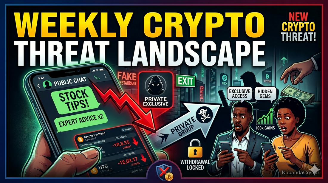 Weekly crypto threat infographic. A user's public chat about stock tips is directed to a private group that locks withdrawals. Scared investors.
