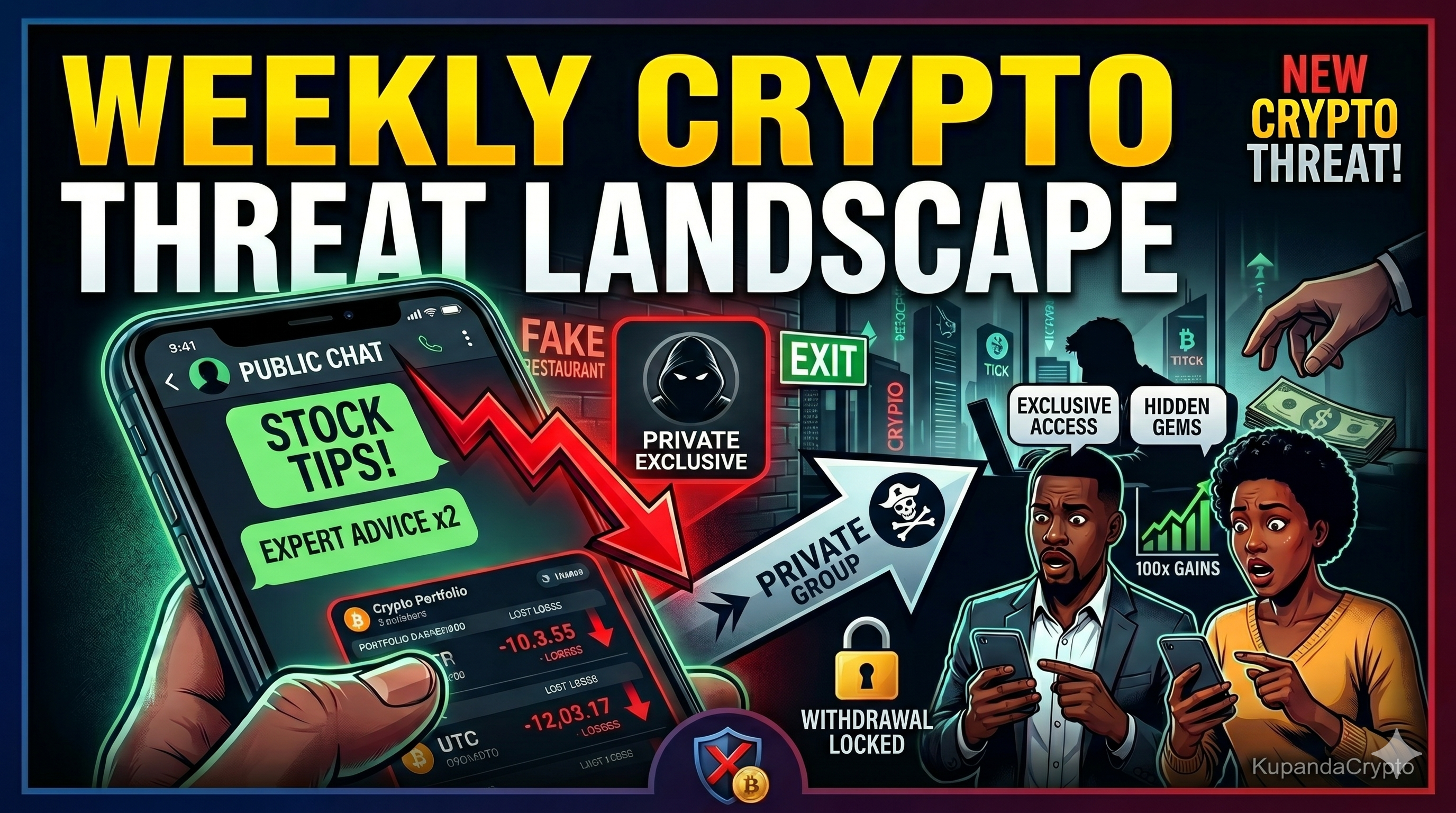 Weekly crypto threat infographic. A user's public chat about stock tips is directed to a private group that locks withdrawals. Scared investors.
