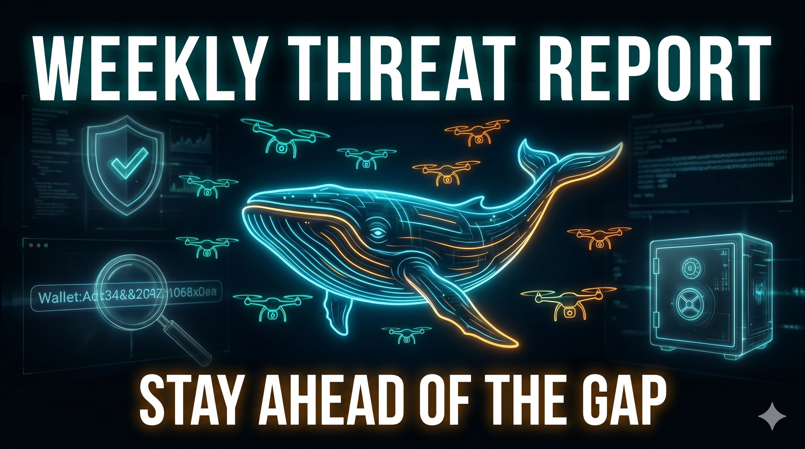 Cybersecurity graphic of a digital whale and drones. Text: "WEEKLY THREAT REPORT - STAY AHEAD OF THE GAP." Includes a safe.