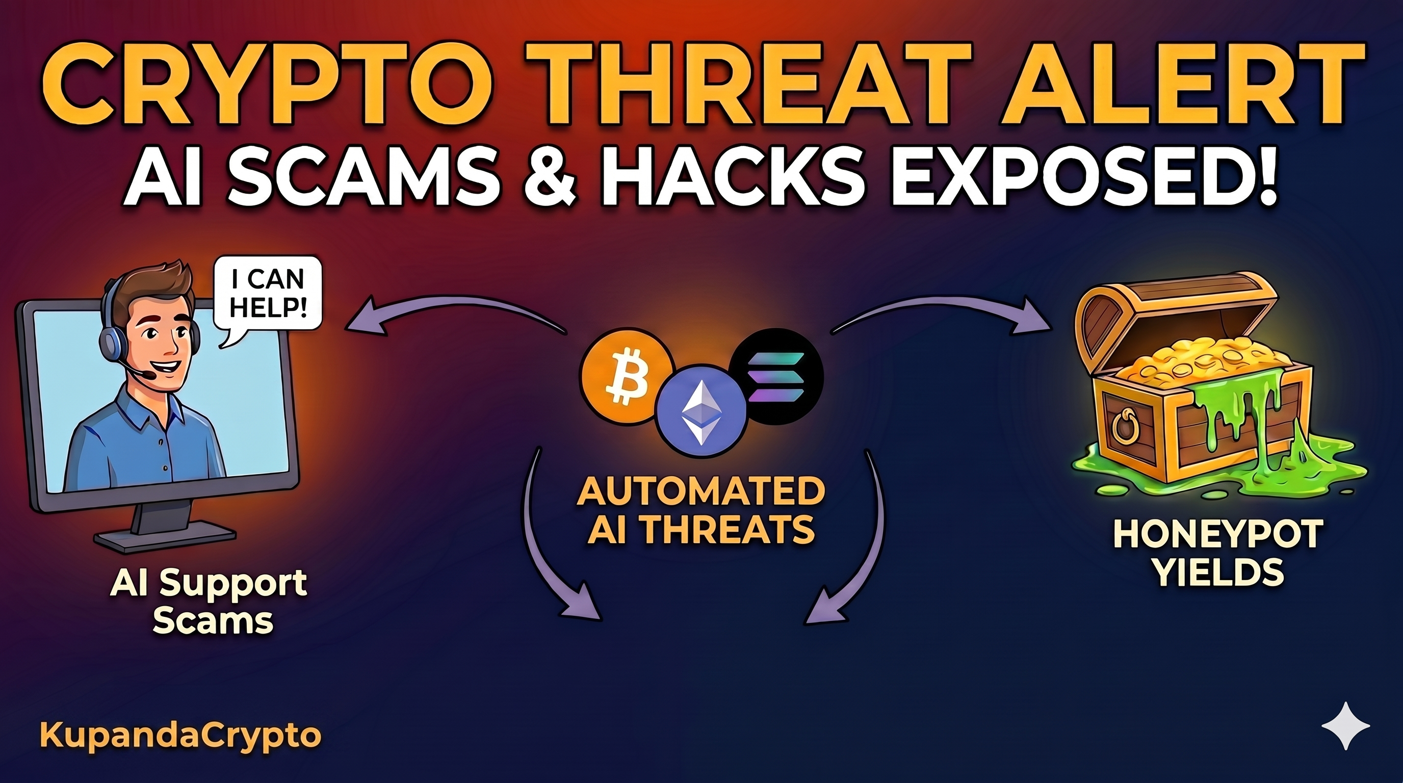 Graphic titled "Crypto Threat Alert" warning of AI scams, featuring an AI support bot and a "honeypot" treasure chest filled with green slime.