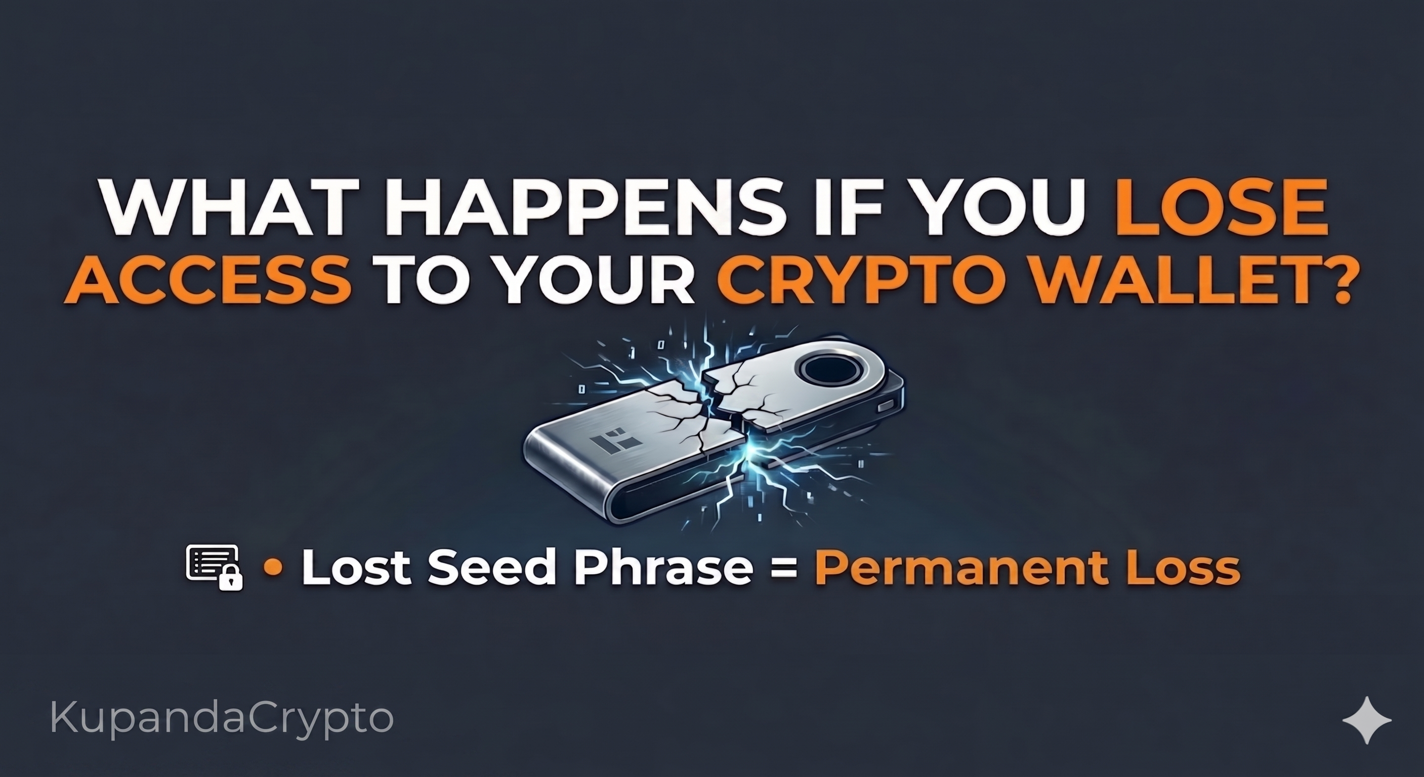 Graphic showing a broken hardware crypto wallet with text: "What happens if you lose access to your crypto wallet? Lost Seed Phrase = Permanent Loss."