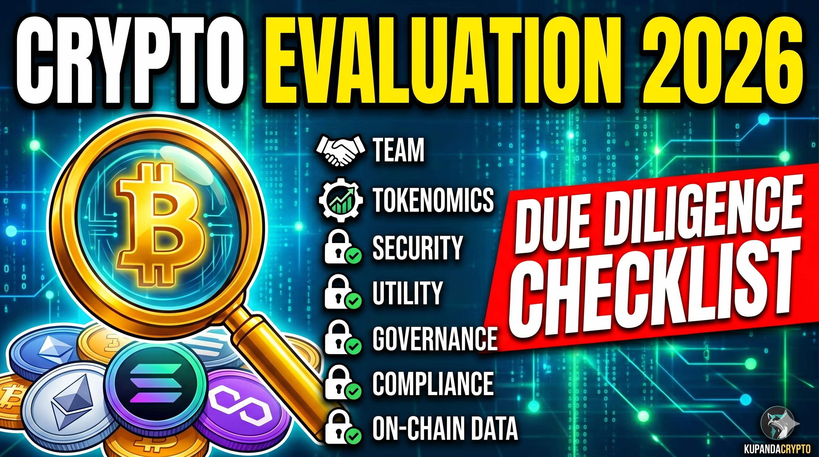 Crypto Evaluation 2026 thumbnail with a "Due Diligence Checklist" featuring Team, Tokenomics, Security, Utility, Governance, and Compliance.